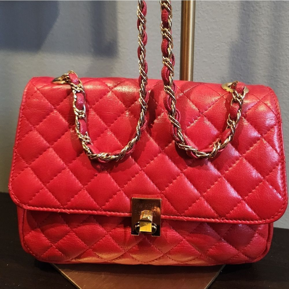 Balmain Red Quilted Leather  Crossbody With Gold Chain Strap